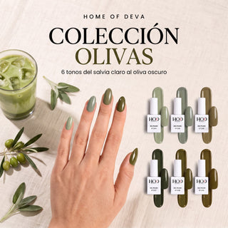 Colección Olivas Home of Deva: 6 esmaltes semipermanentes en tonos salvia, caqui y oliva (Nº244-249)