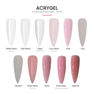 Carta de colores del Acrigel profesional 60 ml de Home of Deva: los 11 tonos, de más claro a más oscuro, con su nombre