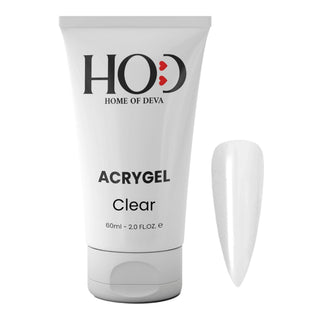 Acrigel profesional Clear 60 ml de Home of Deva junto a una uña con el acabado transparente