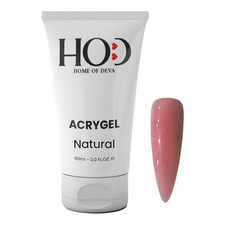 Acrigel profesional Natural 60 ml de Home of Deva junto a una uña con el tono rosa empolvado