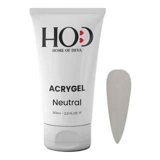 Acrigel profesional Neutral 60 ml de Home of Deva junto a una uña con el tono beige grisáceo