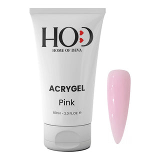 Acrigel profesional Pink 60 ml de Home of Deva junto a una uña con el tono rosa claro