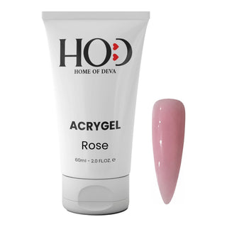 Acrigel profesional Rose 60 ml de Home of Deva junto a una uña con el tono rosa empolvado