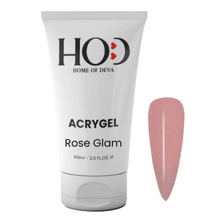 Acrigel profesional Rose Glam 60 ml de Home of Deva junto a una uña con el tono rosado con brillo