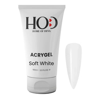 Acrigel profesional Soft White 60 ml de Home of Deva junto a una uña con el tono blanco suave