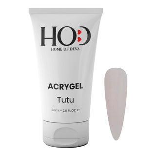 Acrigel profesional Tutu 60 ml de Home of Deva junto a una uña con el tono rosa malva claro