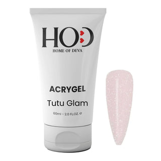 Acrigel profesional Tutu Glam 60 ml de Home of Deva junto a una uña con el tono rosado nacarado con brillo