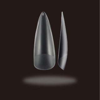 Tip soft gel stiletto AMATIX de frente y de perfil, con acabado mate y borde ultrafino
