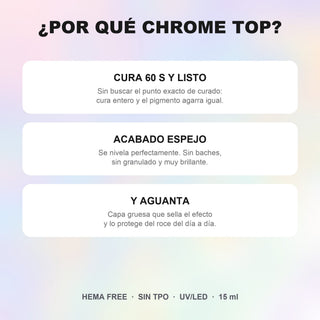 Ventajas de Chrome Top: cura 60 segundos sin buscar el punto exacto, acabado espejo sin baches ni granulado y capa gruesa que protege el efecto