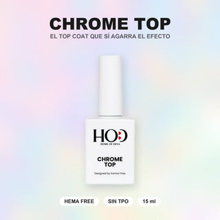 Chrome Top 15 ml de Home of Deva, top coat HEMA free y sin TPO para efecto cromado, perlado y aurora