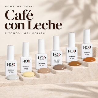 Colección Café con Leche de Home of Deva: seis esmaltes semipermanentes de 15 ml, del Blanco Coco al Toffee.