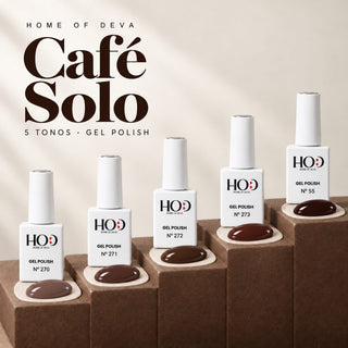 Colección Café Solo de Home of Deva: cinco esmaltes semipermanentes de 15 ml, del Chocolate con Leche al Café Intenso.