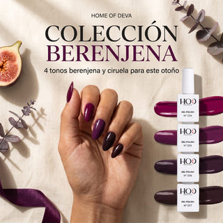 Colección Berenjena Home of Deva: 4 esmaltes semipermanentes en tonos berenjena y ciruela (Nº254, Nº255, Nº256, Nº257)