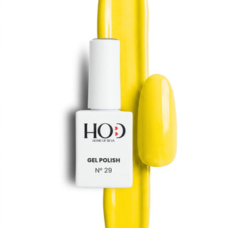 Esmalte semipermanente Nº 29 Limón amarillo con muestra del color en uña