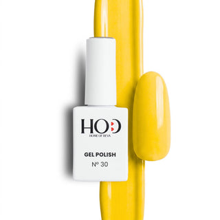 Esmalte semipermanente Nº 30 Girasol amarillo con muestra del color en uña