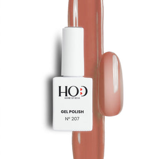 Esmalte semipermanente Nº 207 gelatina marrón con muestra del color en uña