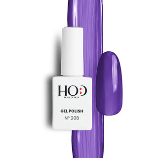 Esmalte semipermanente Nº 208 gelatina morado con muestra del color en uña