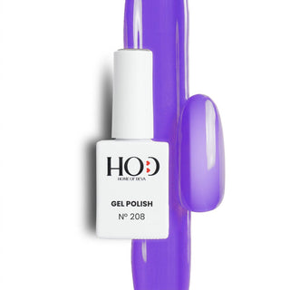 Esmalte semipermanente Nº 208 gelatina morado con muestra del color en uña