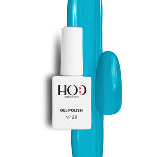 Esmalte semipermanente Nº 211 gelatina aqua con muestra del color en uña