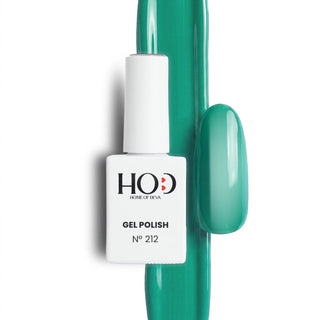 Esmalte semipermanente Nº 212 gelatina verde con muestra del color en uña