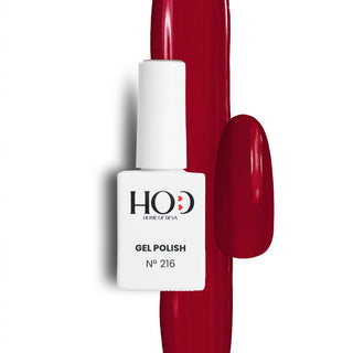 Esmalte semipermanente Nº 216 gelatina rojo con muestra del color en uña
