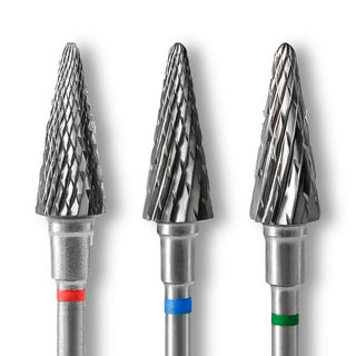 Fresas de carburo Staleks cono agudo de 6 mm en rojo, azul y verde