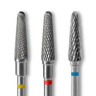 Fresas de carburo Staleks cono truncado de 4 mm en amarillo, rojo y azul