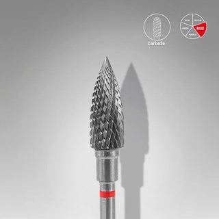 Fresa de carburo Staleks con forma de llama de 5 mm y anillo rojo, grano fino